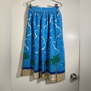 MGM vintage Blue Tropical Print midi Skirt, palm trees, beach. S